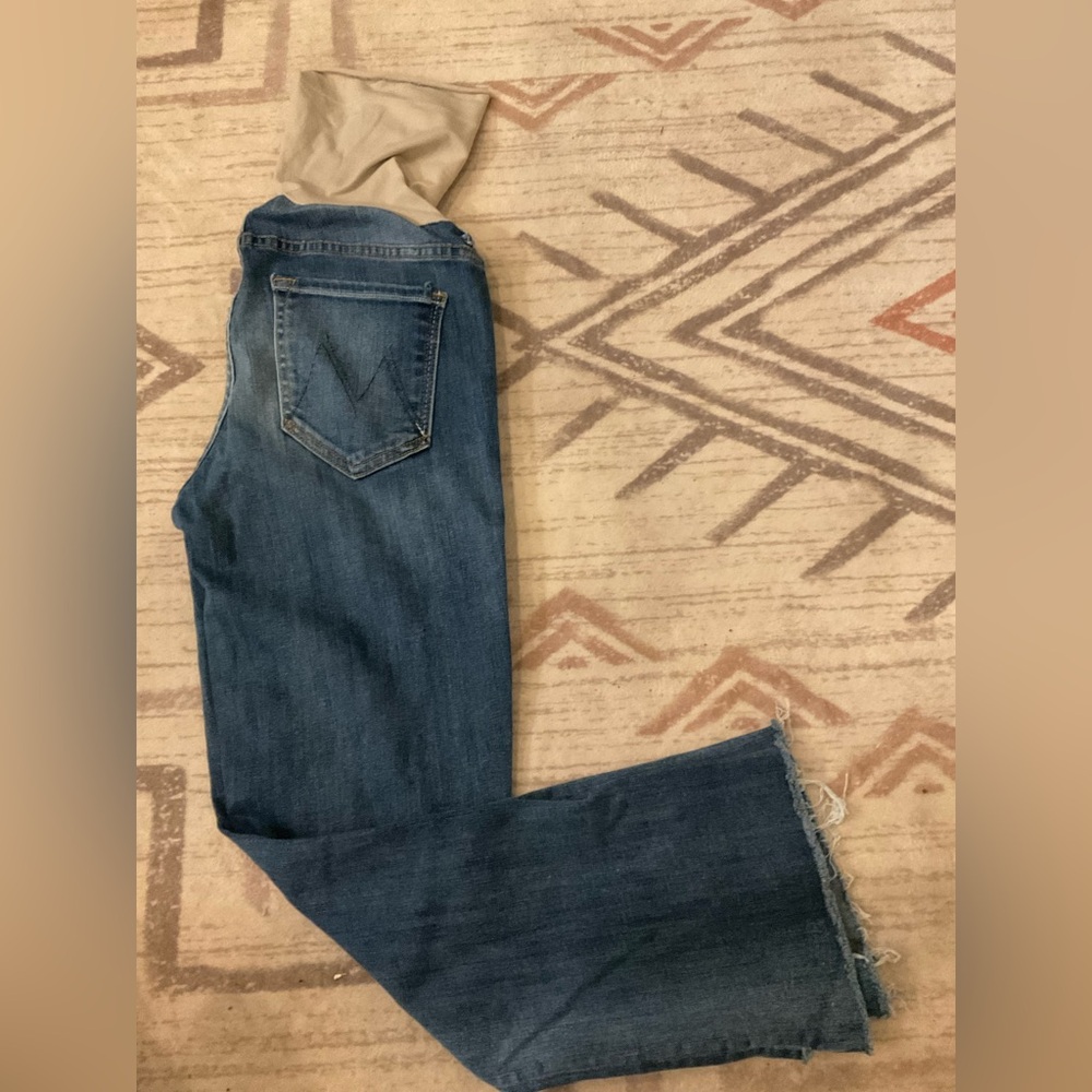 MOTHER Denim Jeans in Medium Blue with Tan Waistband
